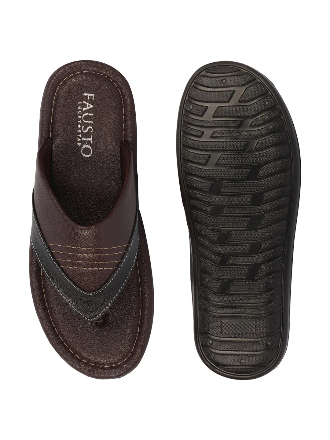 Men Brown Side Stitched Outdoor Thong Slipper Sandals