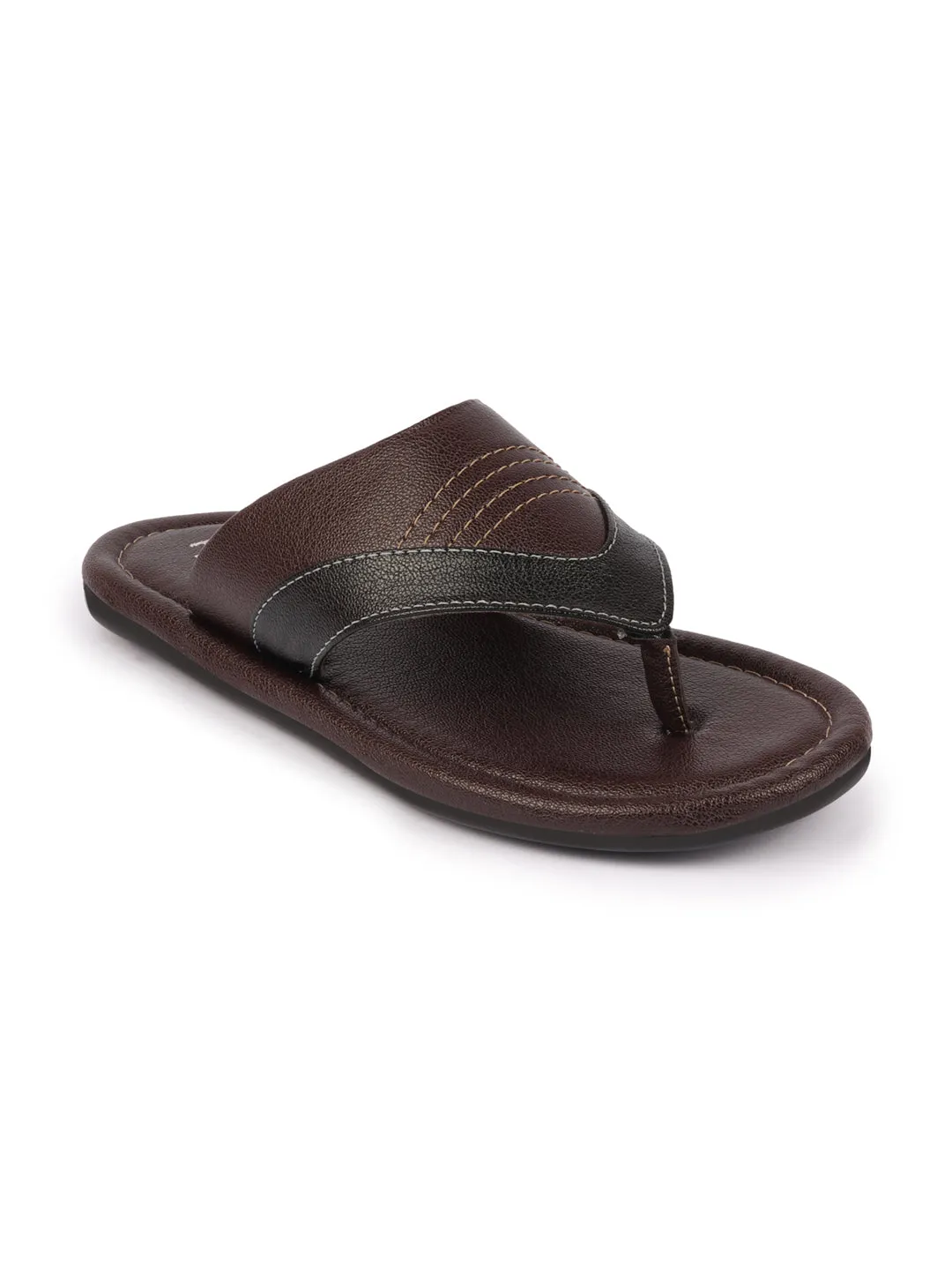 Men Brown Side Stitched Outdoor Thong Slipper Sandals