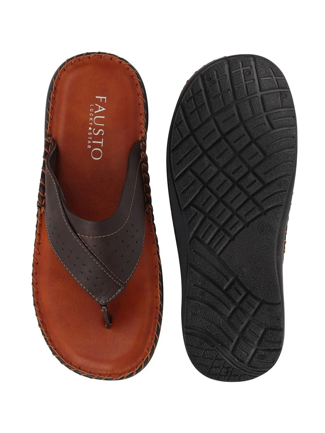 Men Brown Side Stitched Slippers