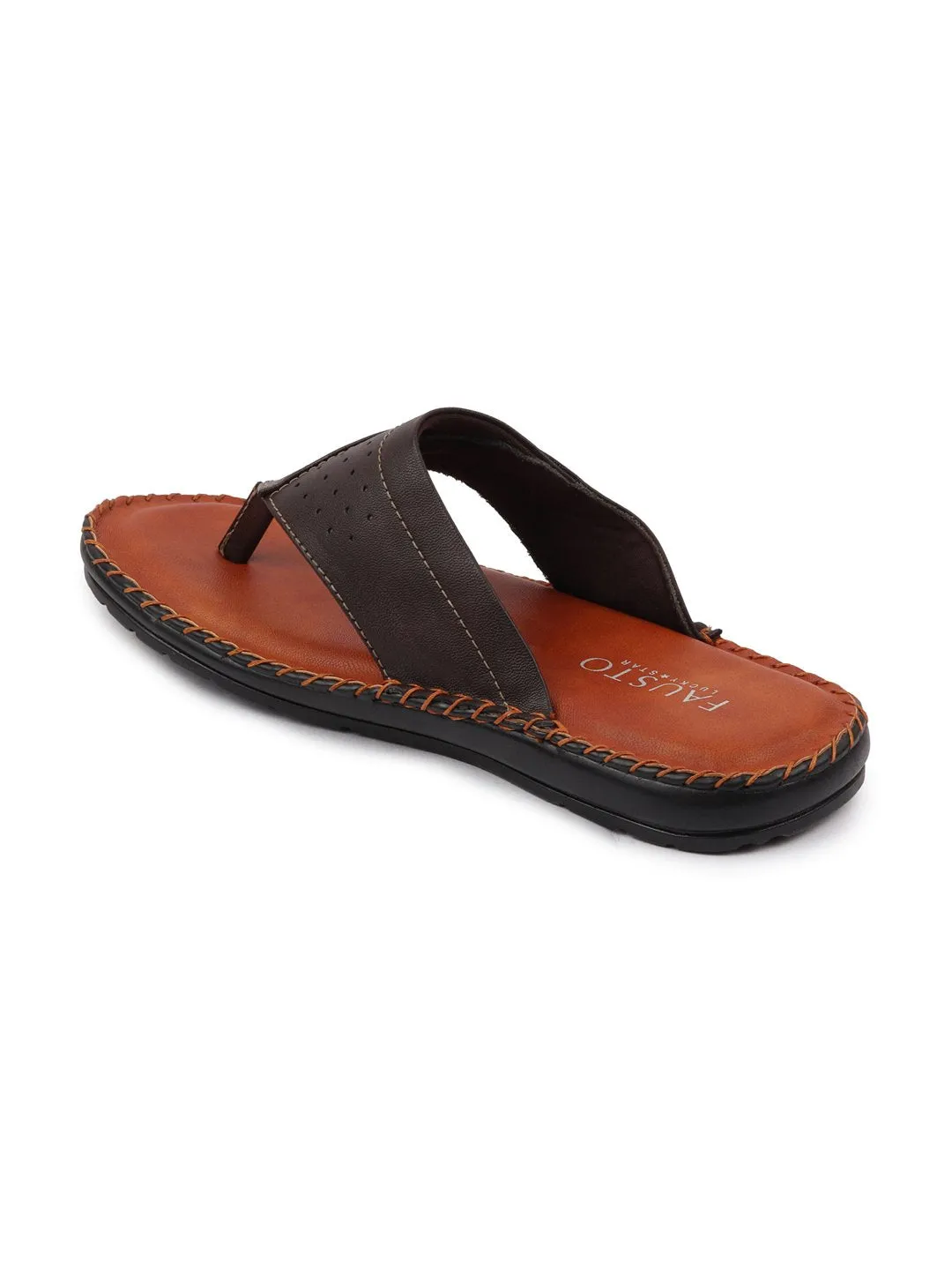 Men Brown Side Stitched Slippers