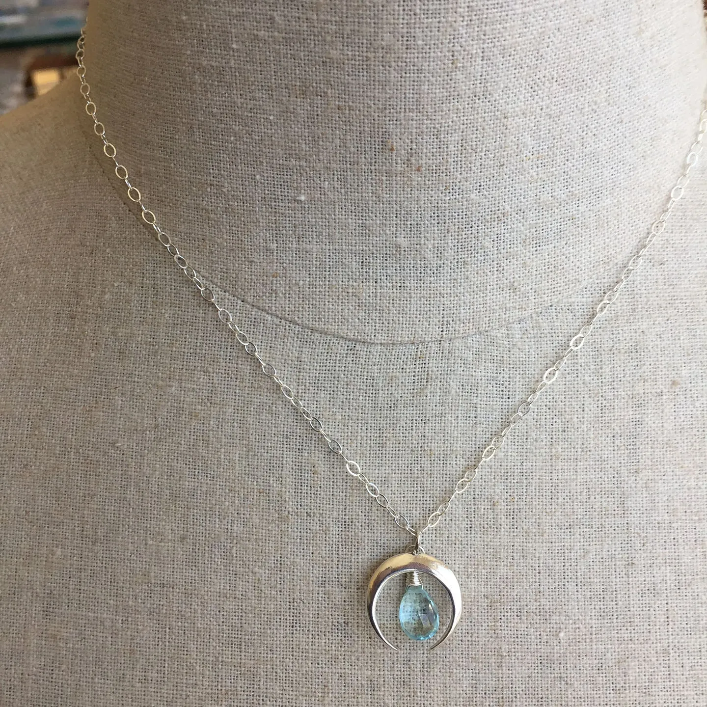 Moon Necklace with Aquamarine Blue