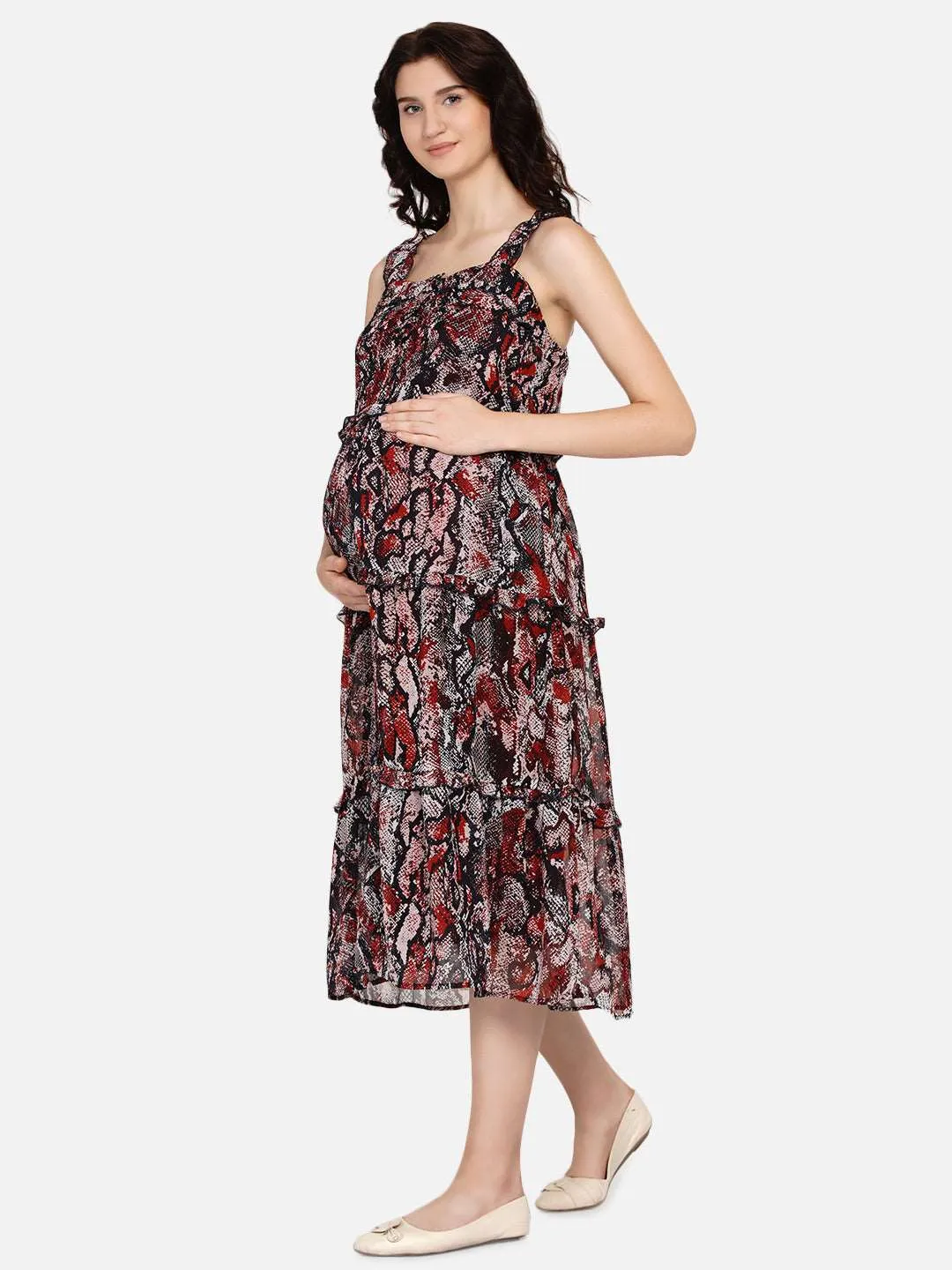 Multicolor Animal Print Pinafore Maternity and Nursing Midi Dress