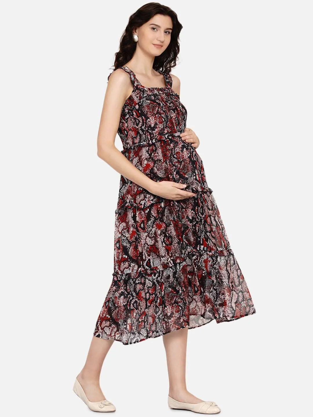 Multicolor Animal Print Pinafore Maternity and Nursing Midi Dress