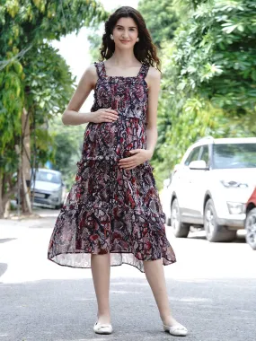 Multicolor Animal Print Pinafore Maternity and Nursing Midi Dress