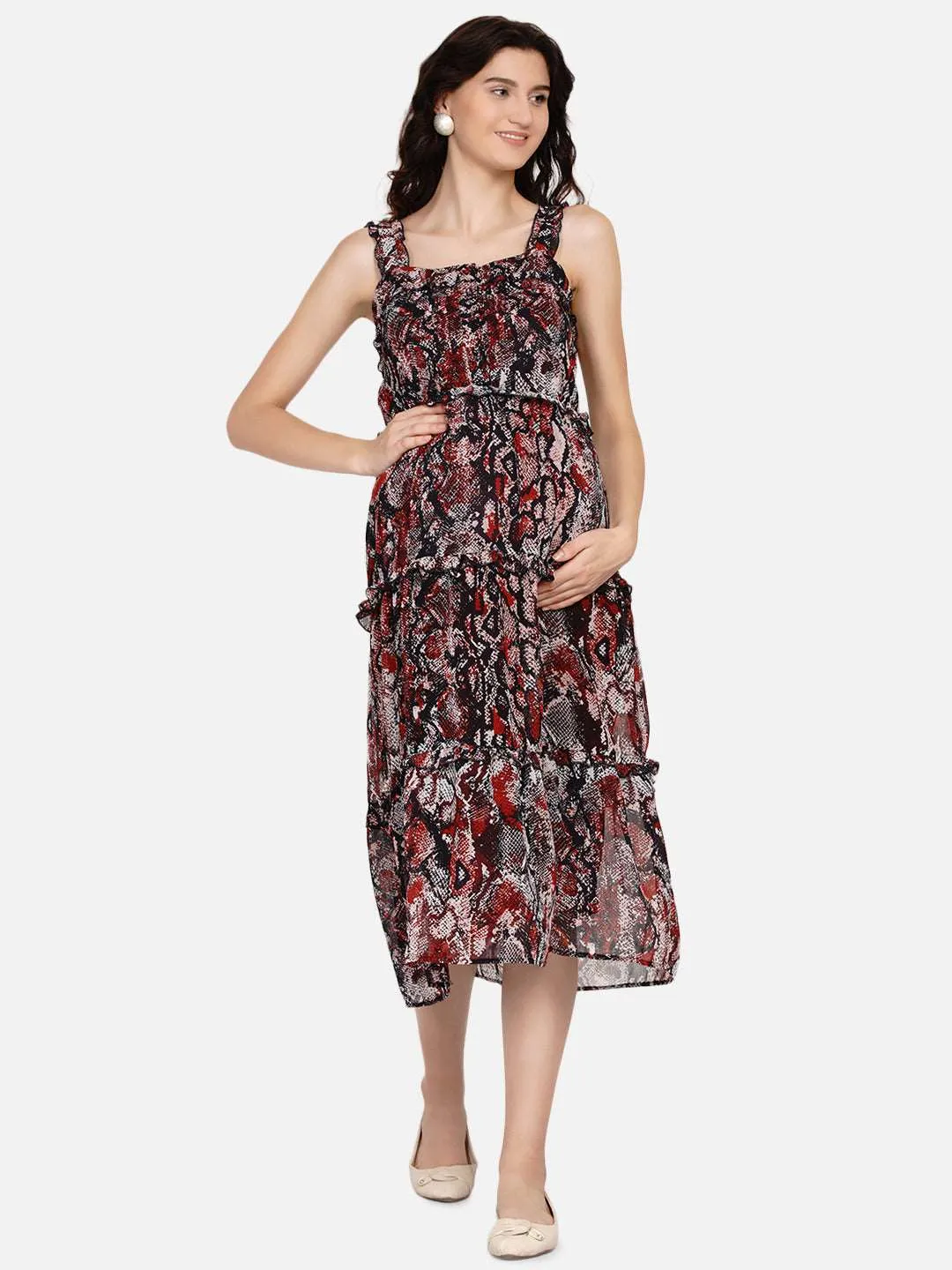 Multicolor Animal Print Pinafore Maternity and Nursing Midi Dress