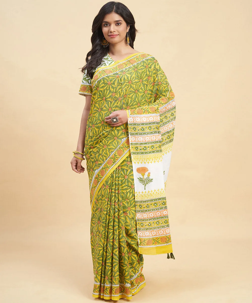 Mustard olive green hand block cotton sanganeri printed saree