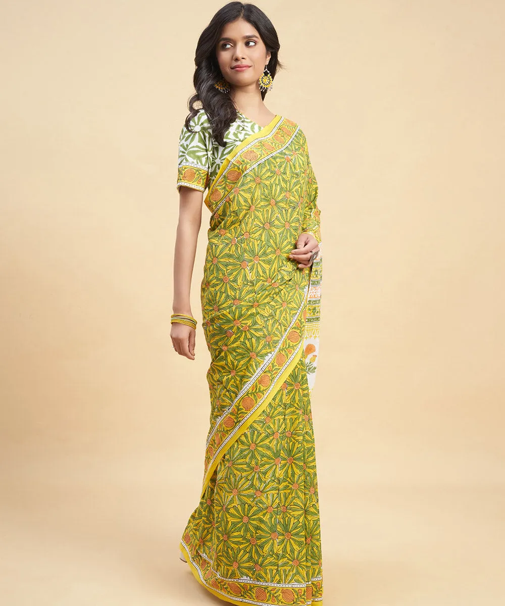 Mustard olive green hand block cotton sanganeri printed saree