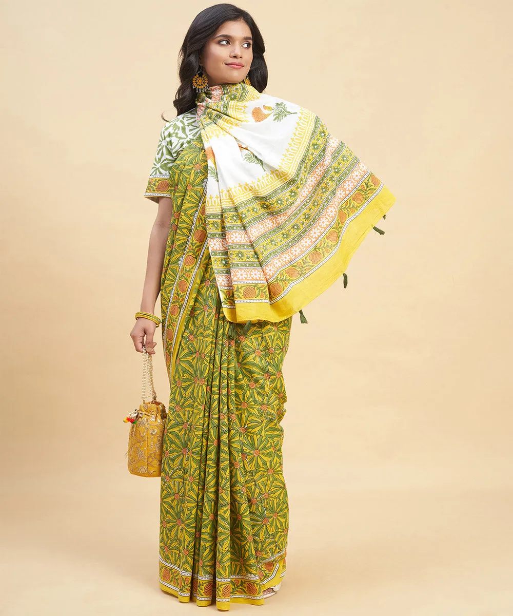 Mustard olive green hand block cotton sanganeri printed saree