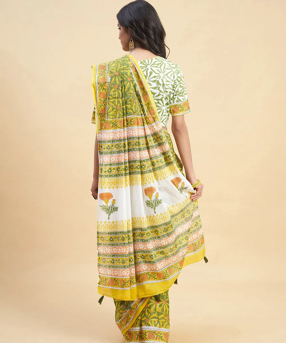 Mustard olive green hand block cotton sanganeri printed saree