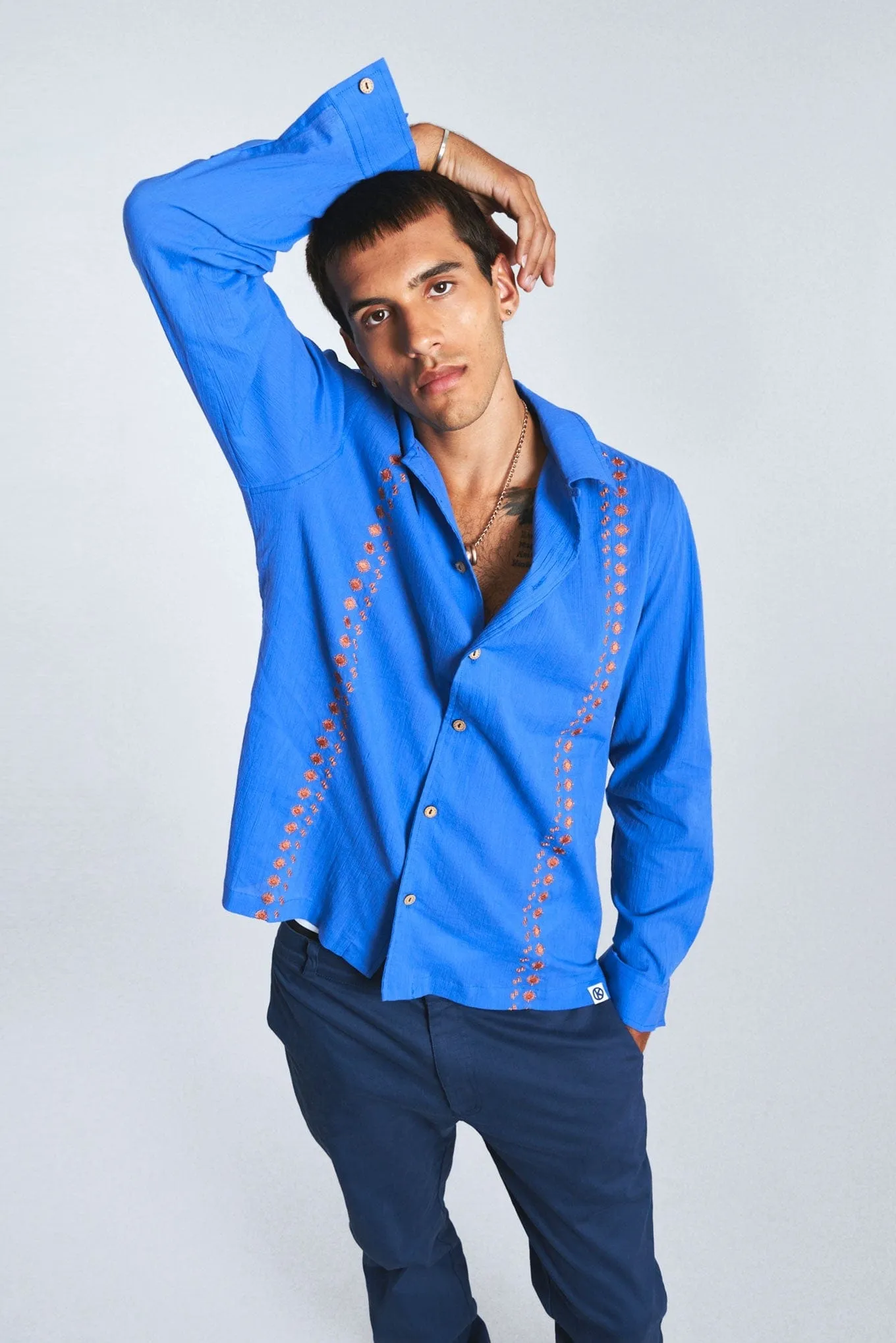 Nile Men's Organic Cotton Embroidered Shirt | Sapphire Blue