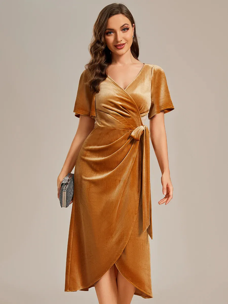 One-piece Type Velvet Tea Length Evening Dress