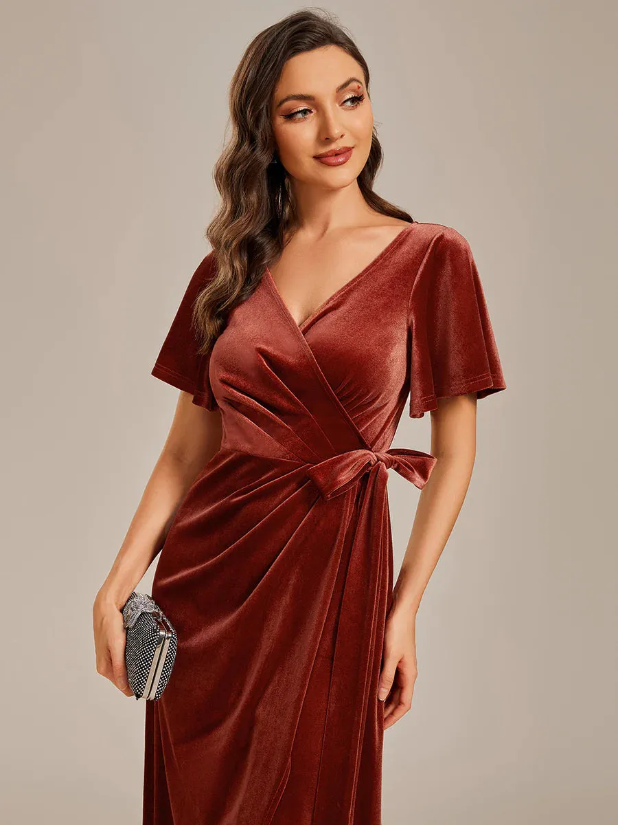 One-piece Type Velvet Tea Length Evening Dress