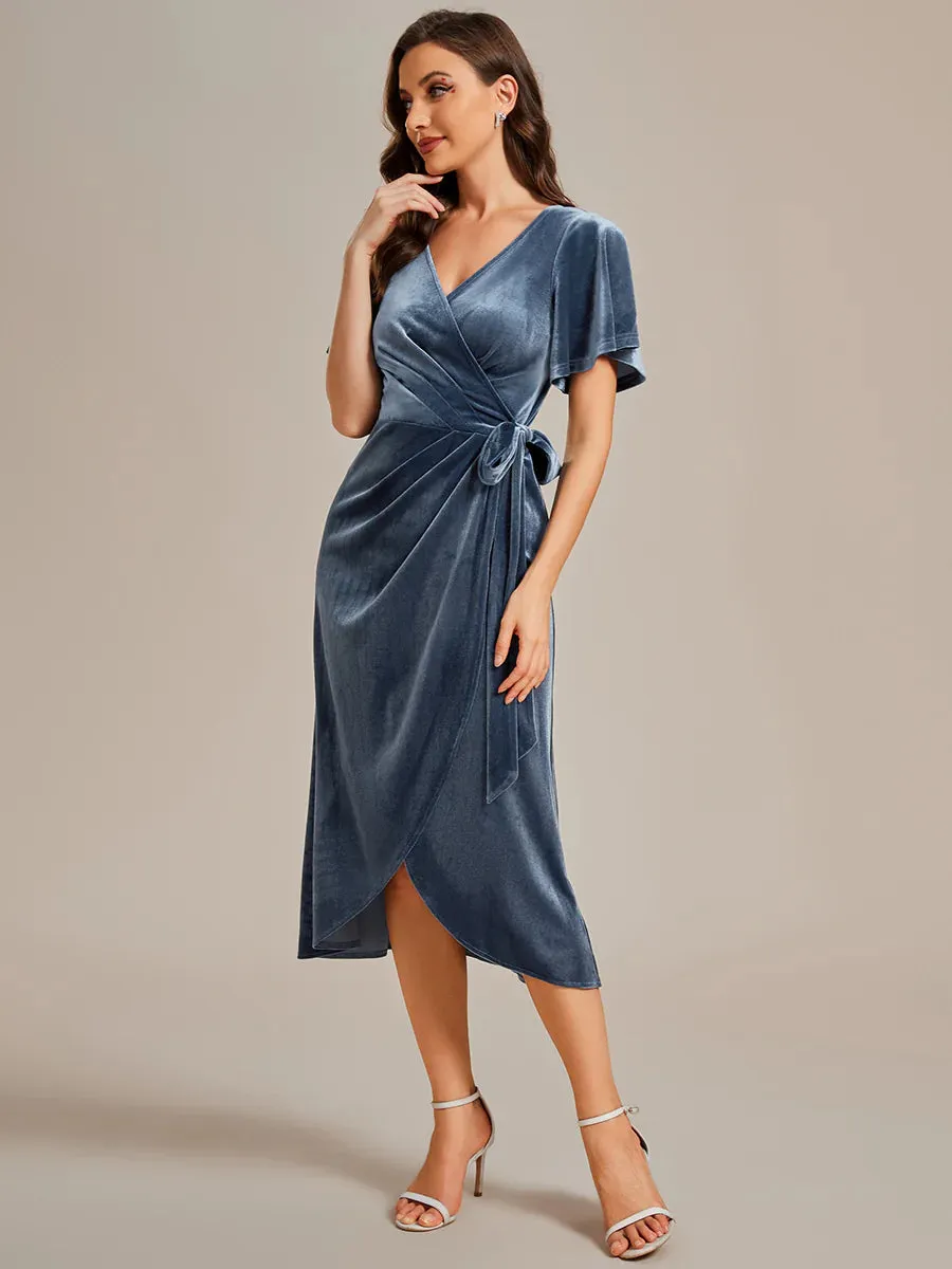 One-piece Type Velvet Tea Length Evening Dress