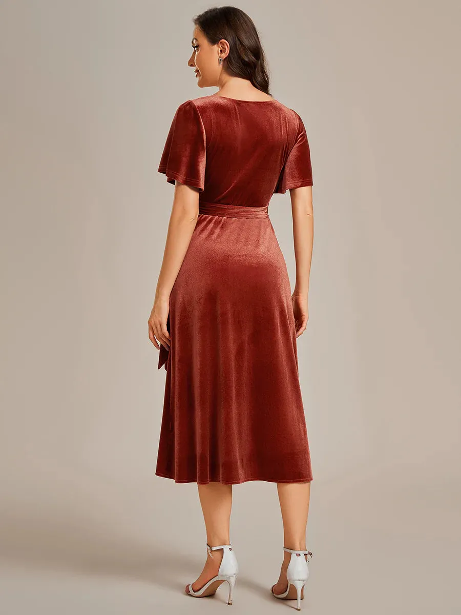 One-piece Type Velvet Tea Length Evening Dress