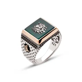 Ottoman Coat of Arms on Green Agate Stone Square Silver Men’s Ring Siding Zircons and Pointed Pattern and Ottoman Tughra