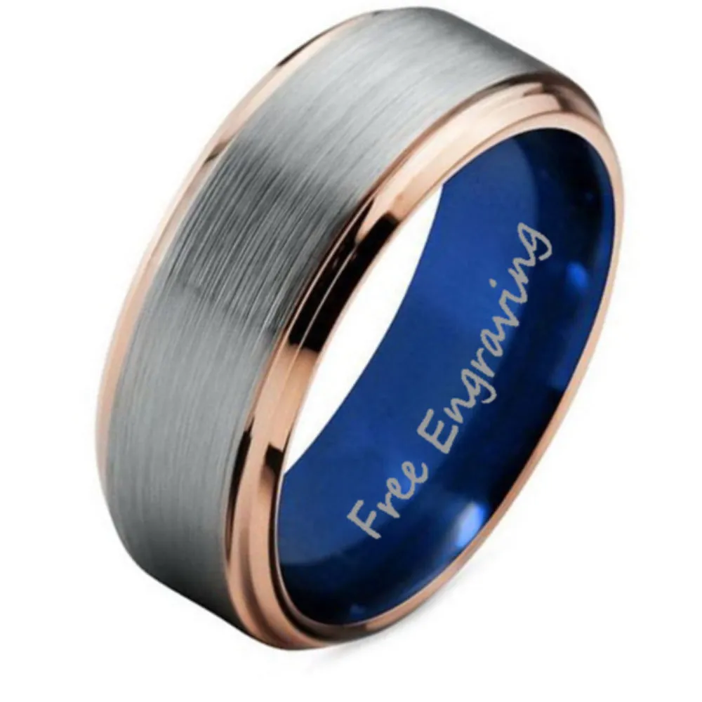 Personalized Men's Tungsten Wedding Band - Gold Beveled Brushed Steel