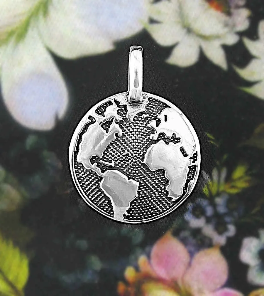 Planet Earth Gaia World Map Round Oxidized Pendant