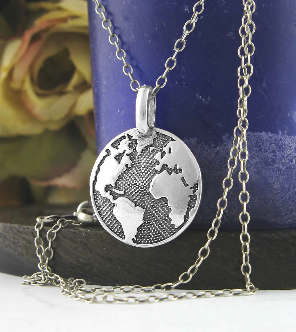 Planet Earth Gaia World Map Round Oxidized Pendant