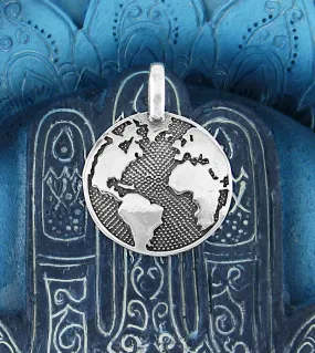 Planet Earth Gaia World Map Round Oxidized Pendant