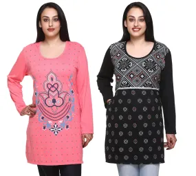 Plus Size Printed Long Tops For Women Full Sleeves - Pack of 2 (Pink & Blue)