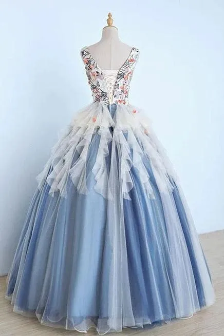 Princess Ball Gown Appliques Blue Tulle Prom Dresses, Sweet 16 Dress, Quinceanera Dress STK15289