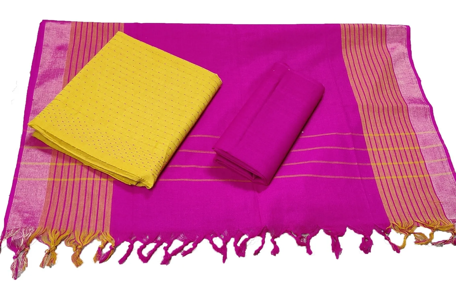 Punekar Cotton 100% Handloom Cotton Yellow & Pink Color Women Dress Unstitched Fabric