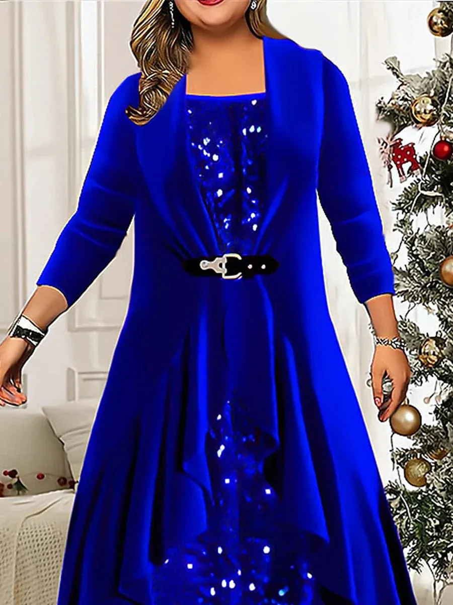 Royal Blue Velvet Sequin Long Sleeve Plus Size Midi Dress