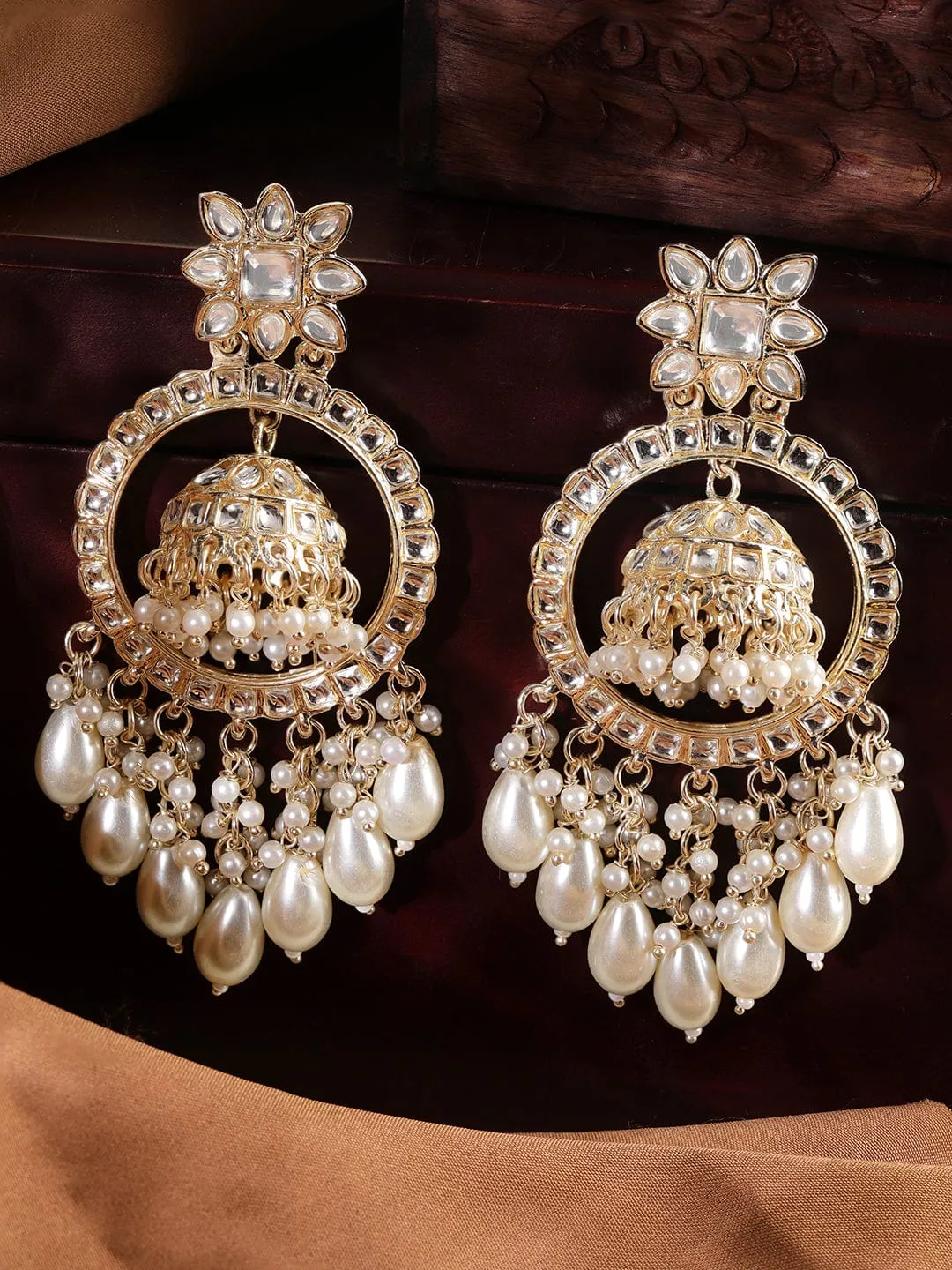 Rubans 22K Gold Plated Pearl Dangle Kundan Statement Jhumka Earrings