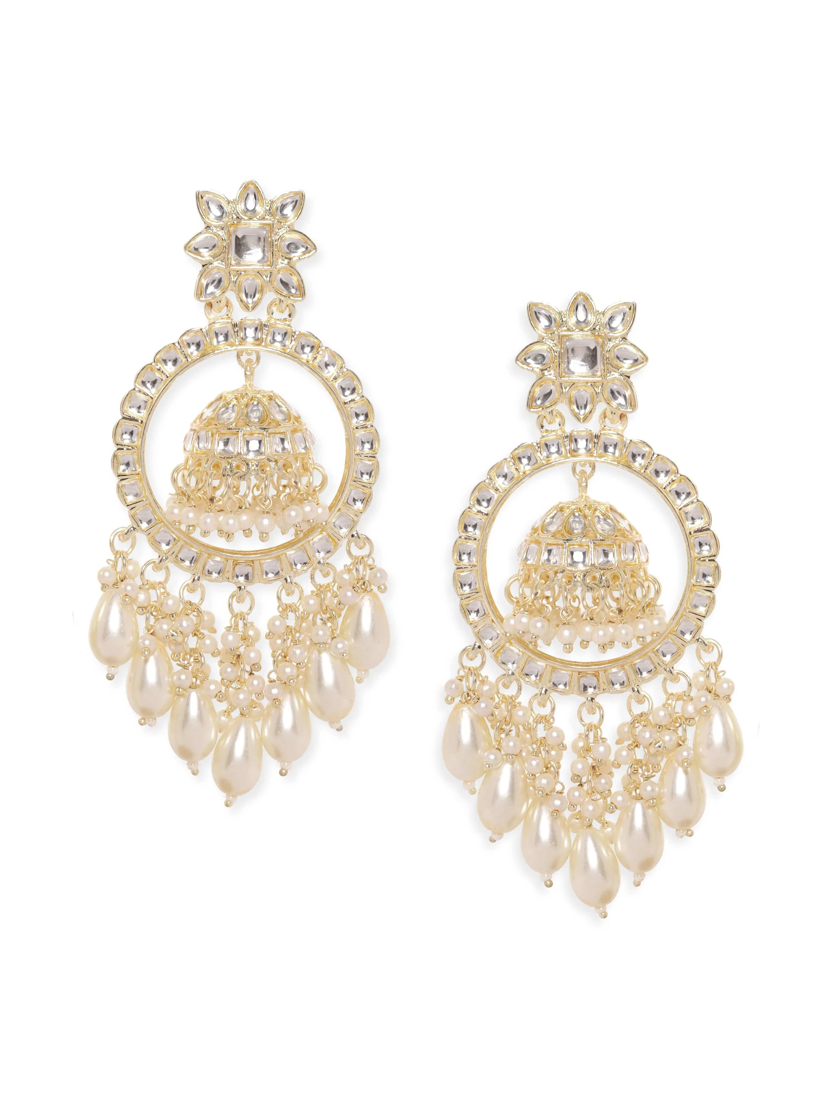 Rubans 22K Gold Plated Pearl Dangle Kundan Statement Jhumka Earrings