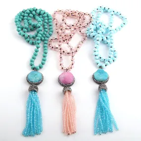 Sea Foam Green Pink Natural Druzy Long Tassel Necklace