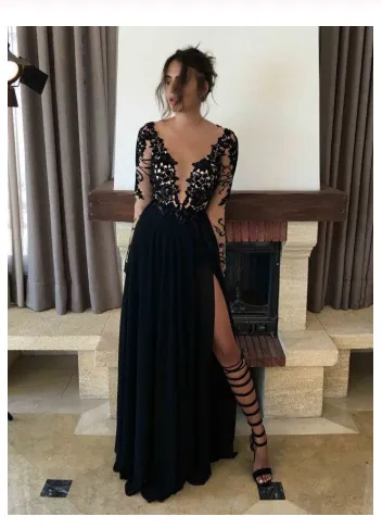 Sexy Black Long Sleeve Lace Slit V-Neck Prom Dress Evening Dresses