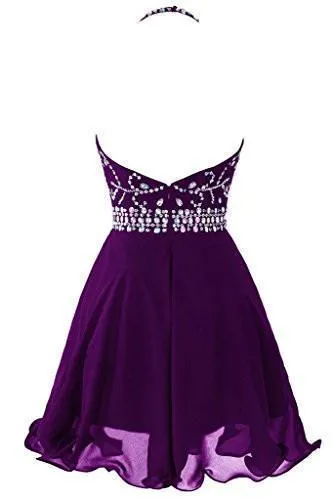 Short Beaded Prom Dress Halter Homecoming Dress Backless