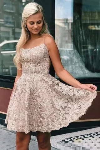 Spaghetti Straps Backless Lace Homecoming Dress Short Lace Graduation Dresses