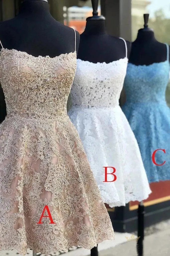 Spaghetti Straps Backless Lace Homecoming Dress Short Lace Graduation Dresses