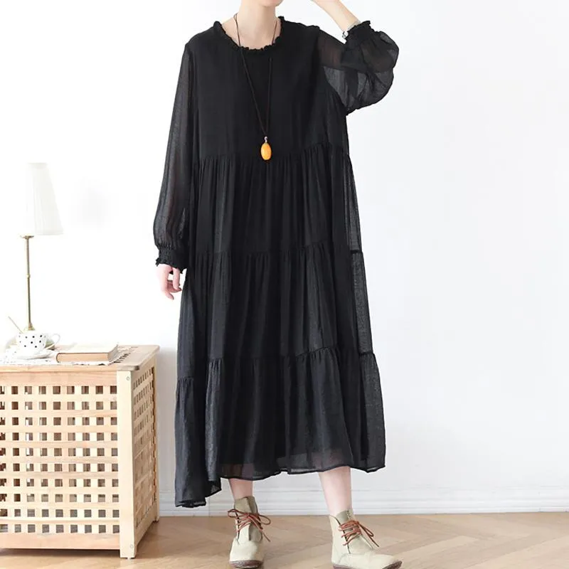 Spring Loose Casual Long Sleeve Chiffon Dress Green