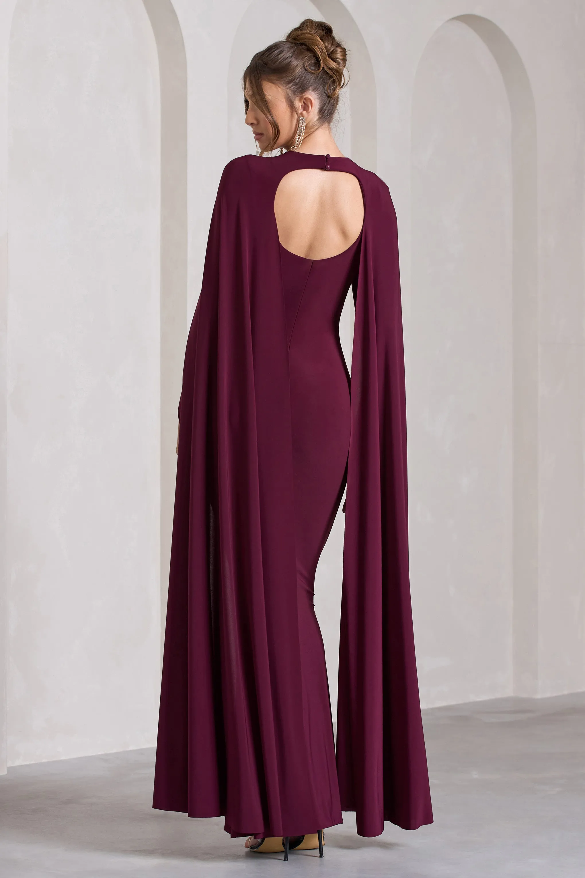 Standing Ovation | Burgundy Plunge-Neck Cape Maxi Dress