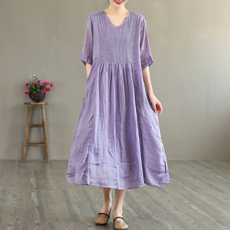 Summer Retro Loose Half Sleeve Linen V-Neck Dress