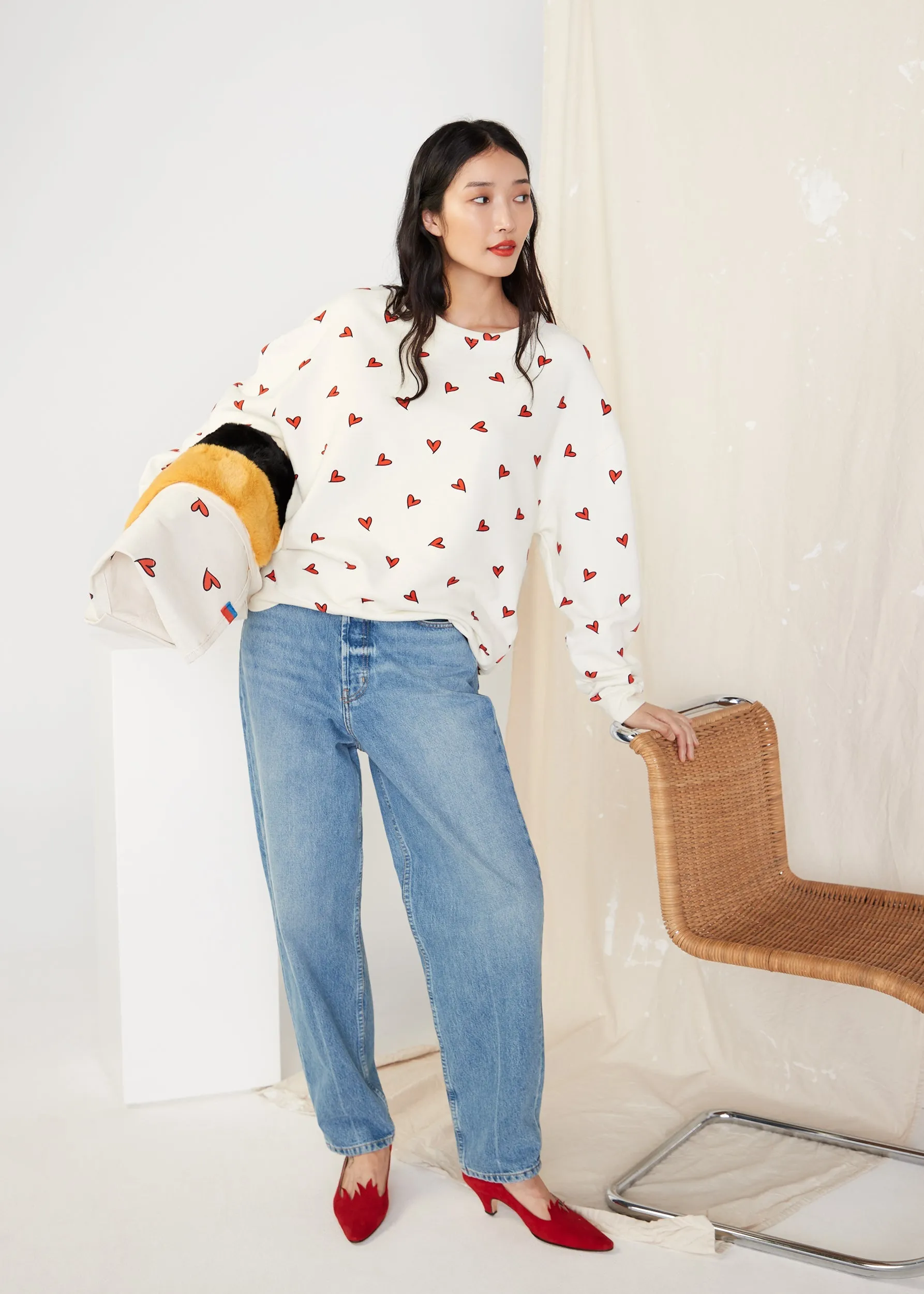 The Oversized All Over Heart Sweatshirt - Cream/Red