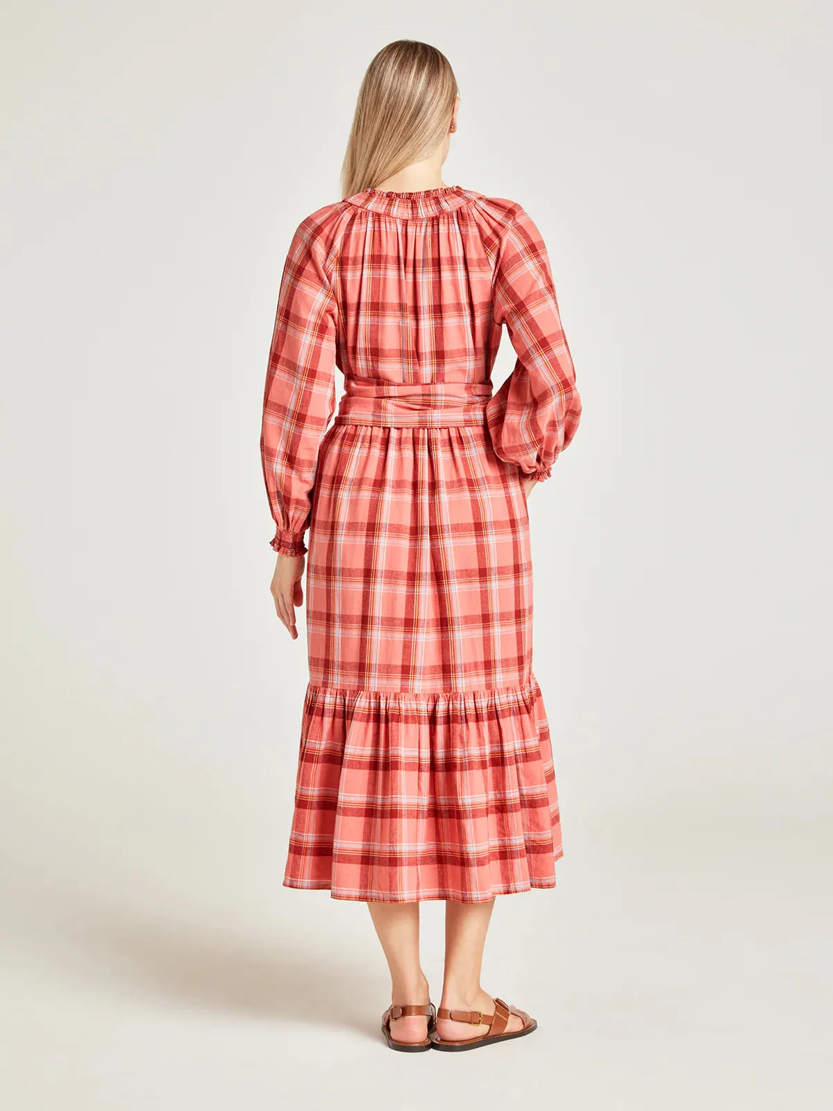 Thought Iman Hemp Check Midi Light Coral Dress