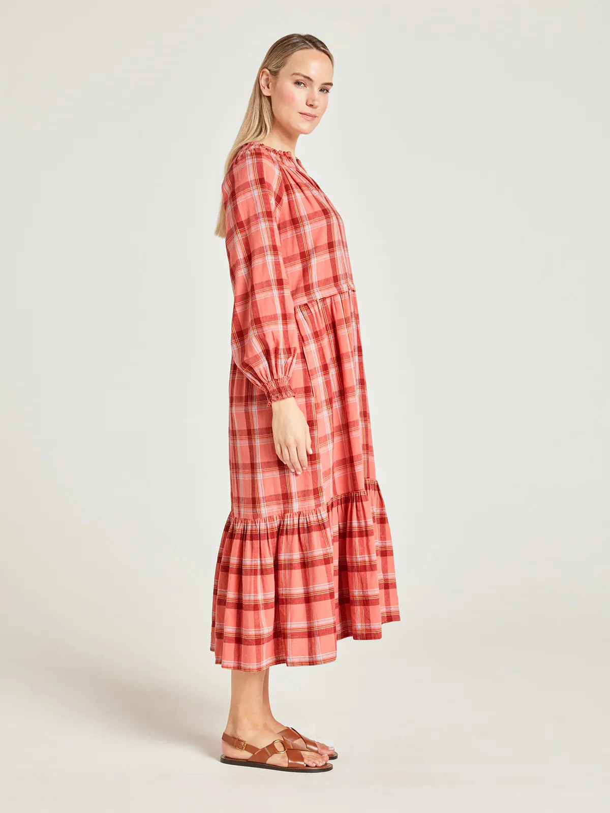 Thought Iman Hemp Check Midi Light Coral Dress