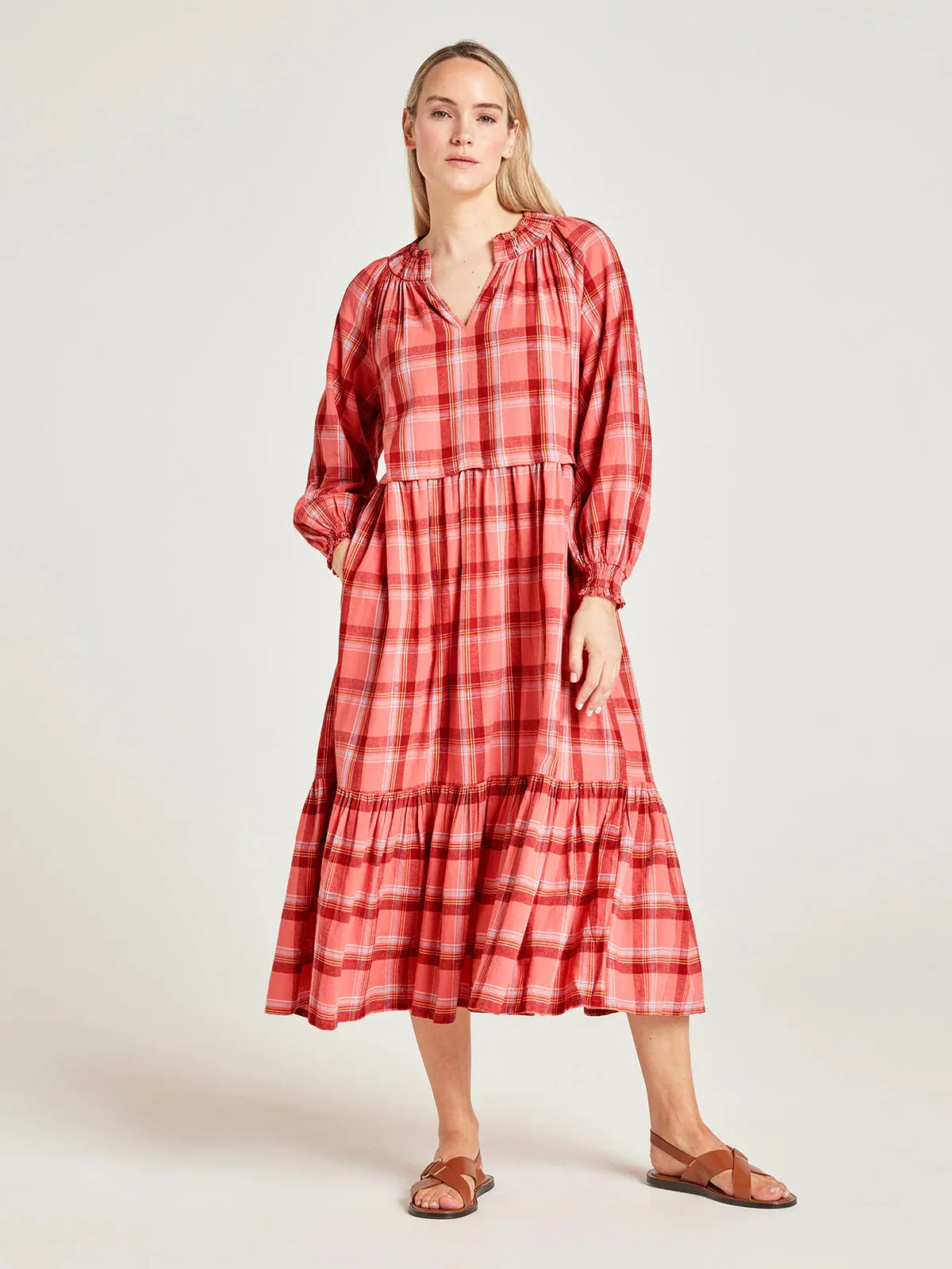 Thought Iman Hemp Check Midi Light Coral Dress