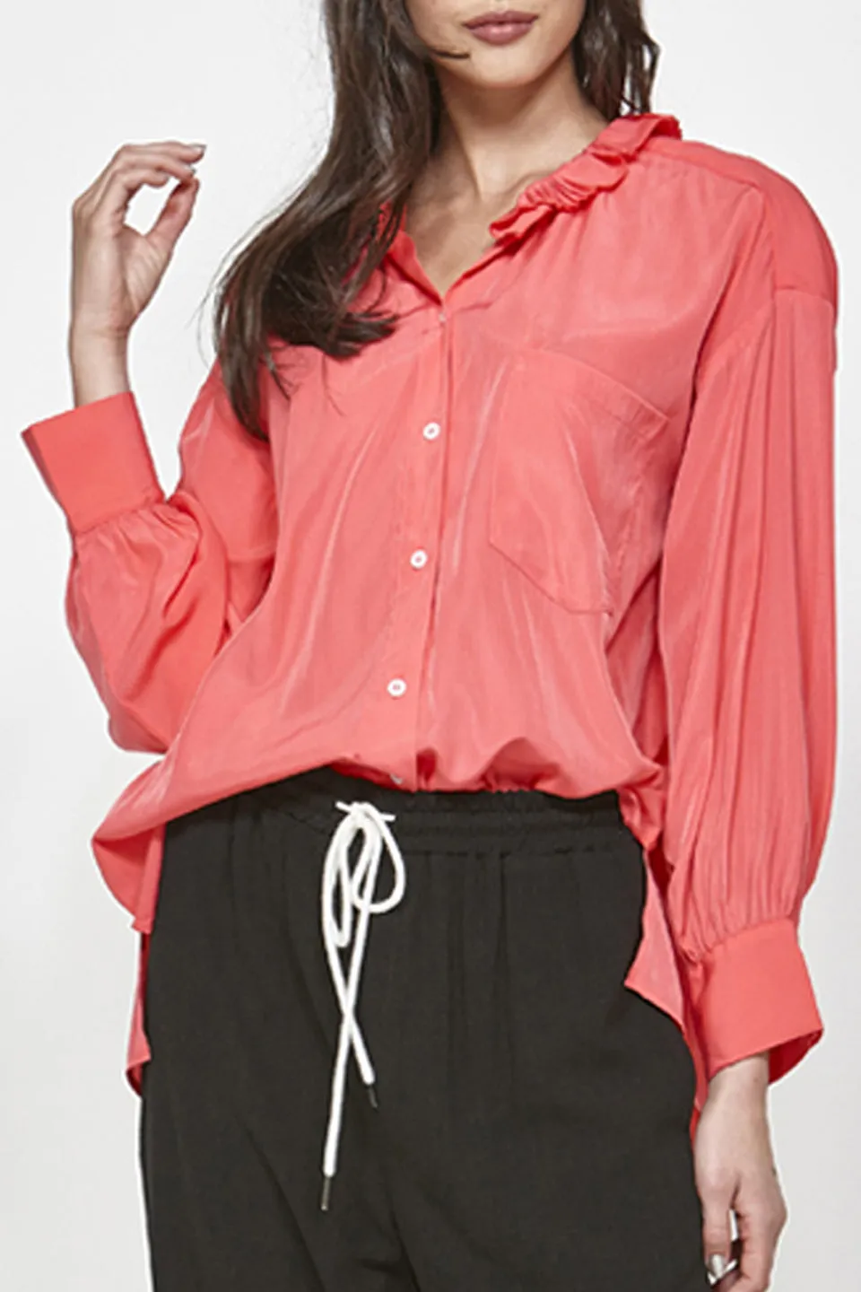 Tuck Ruffle Collar Pink Shirt