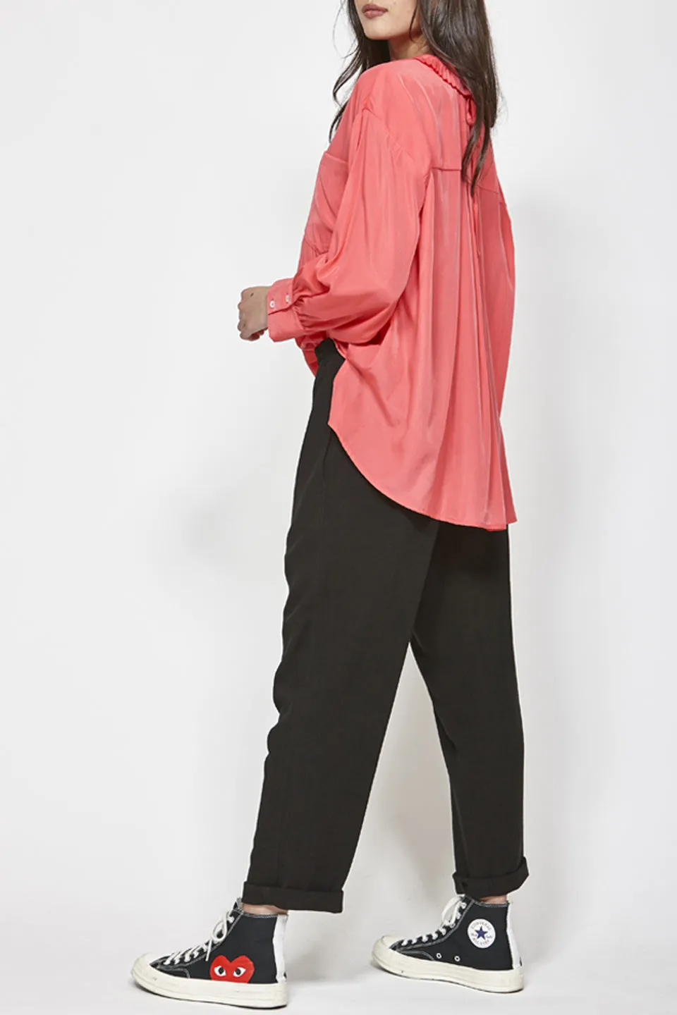 Tuck Ruffle Collar Pink Shirt