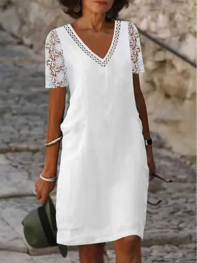 V-Neck Lace Hollow Out Shift Dress with Leopard Print - White