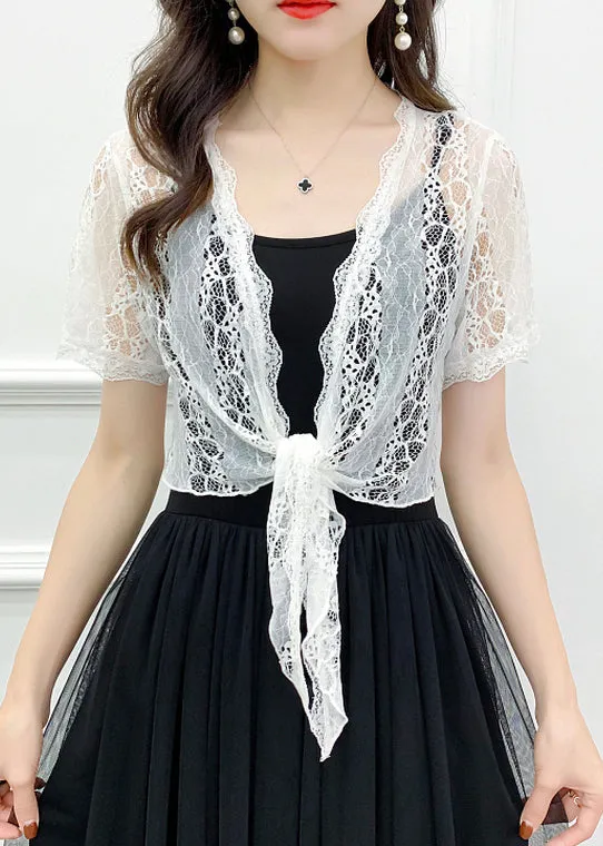 White Solid Hollow Out Lace Cardigan V Neck Short Sleeve AS1024