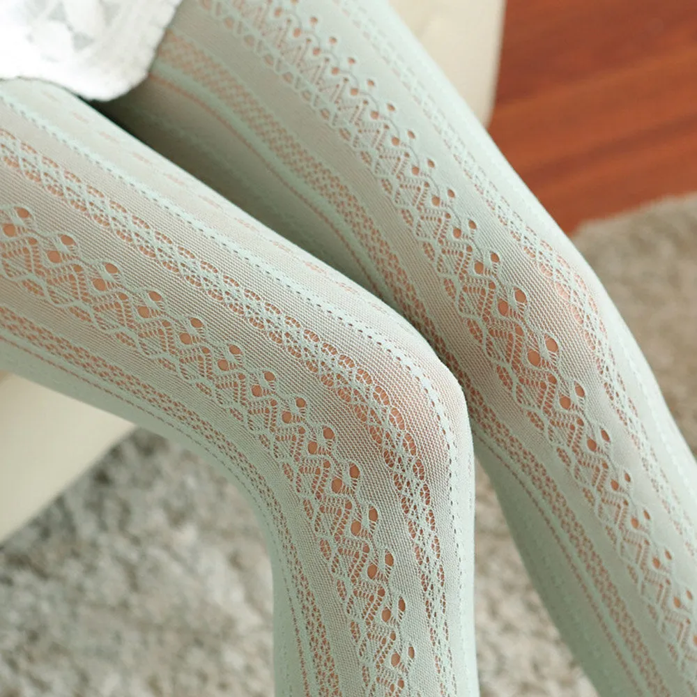 Women Nylon Lolita Lace Jacquard Hollow Breathable Thin Pantyhose Stockings