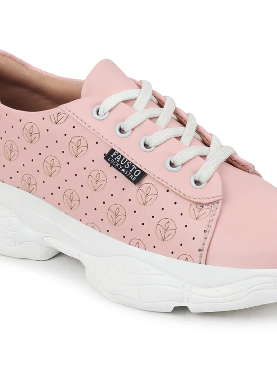 Women Pink Lace Up Casual Trendy Sneakers