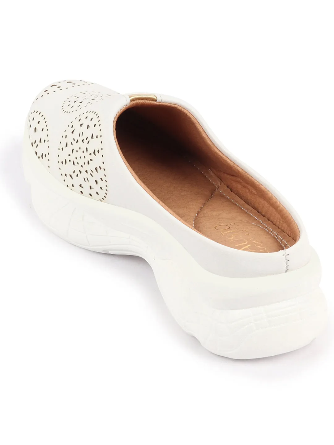 Women White Laser Cut Design Back Open Slip On Mules Shoes