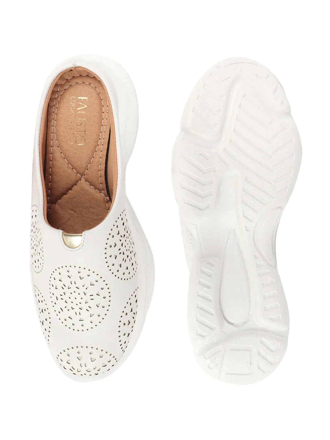 Women White Laser Cut Design Back Open Slip On Mules Shoes