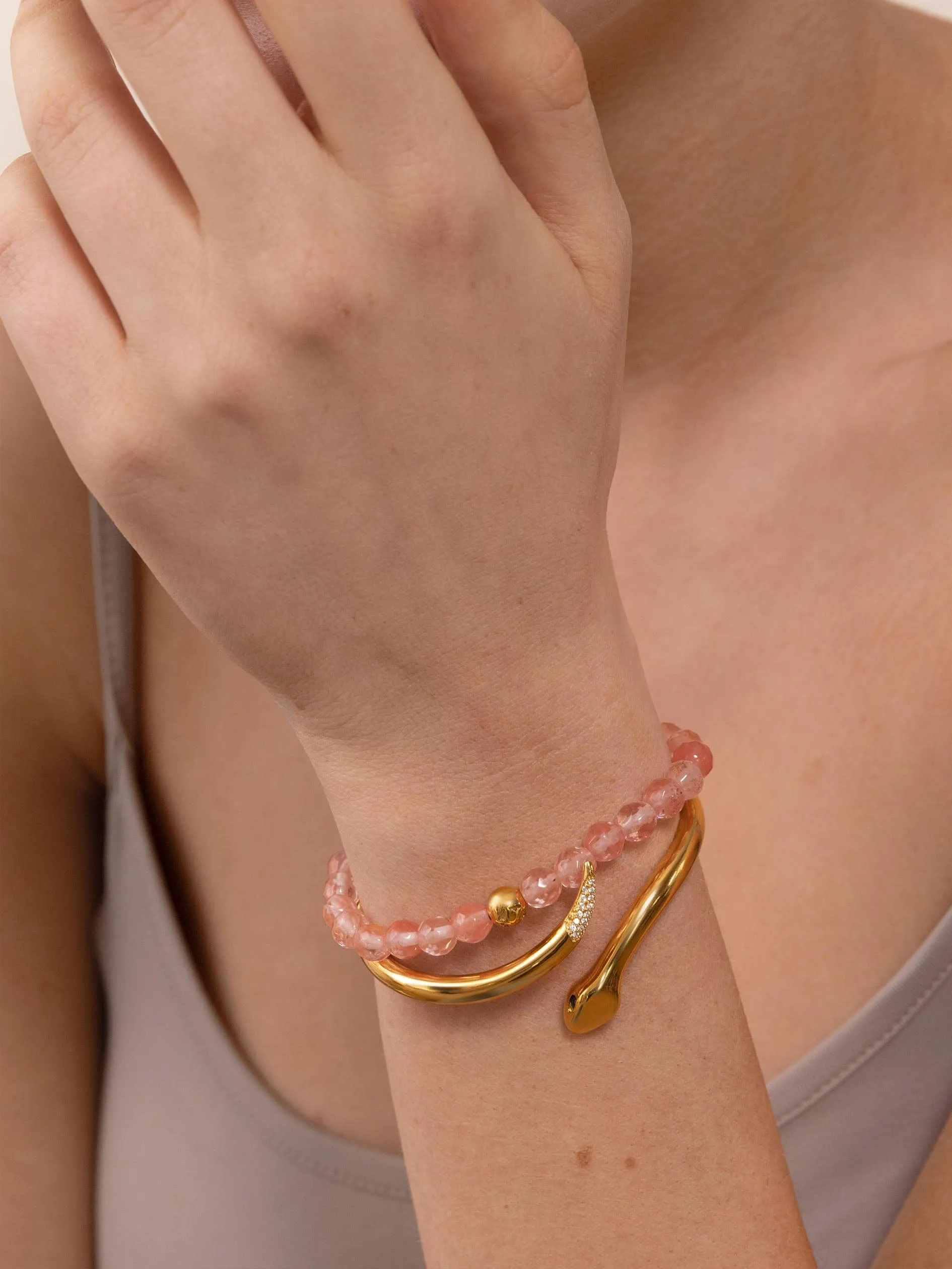 Women's Wristband with Cherry Quartz and Gold